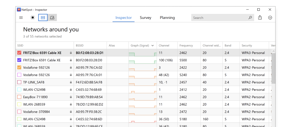 Work with surrounding networks in WiFi analyzer for PC