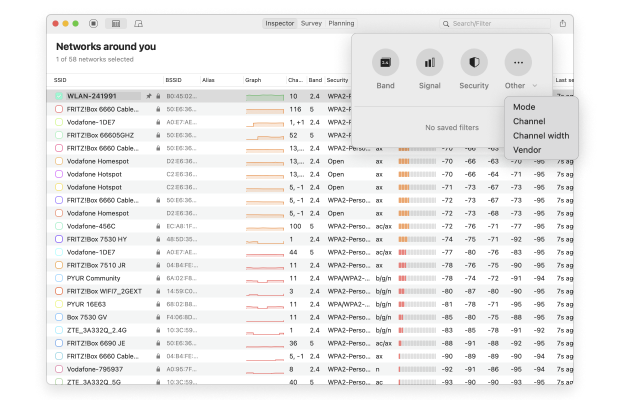 NetSpot — Filteroptionen