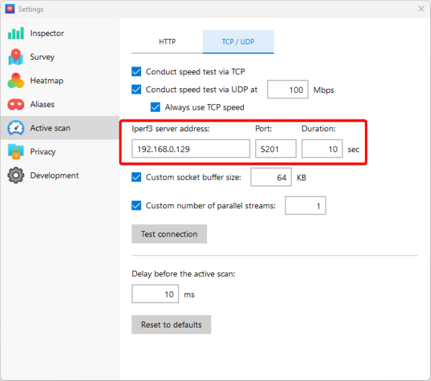 NetSpot — TCP/UDP section connection pane NetSpot — TCP/UDP section connection pane