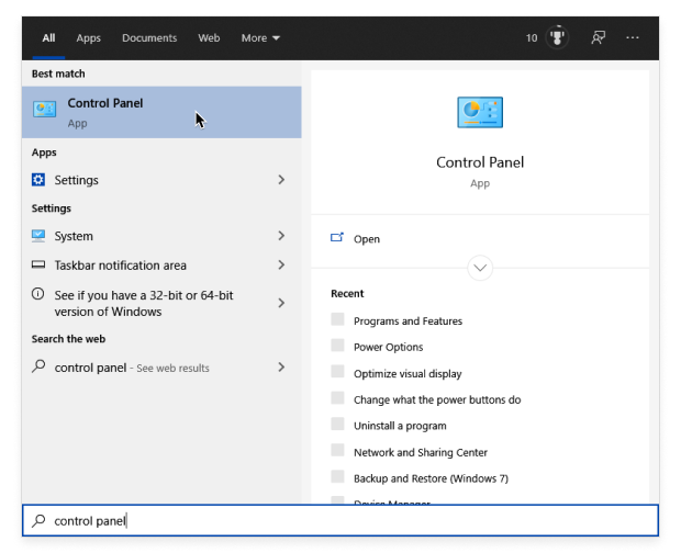 Open the Start menu and type “control panel”