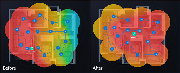 Example of how Wi-Fi signal coverage improves after repositioning the router Example of how Wi-Fi signal coverage improves after repositioning the router